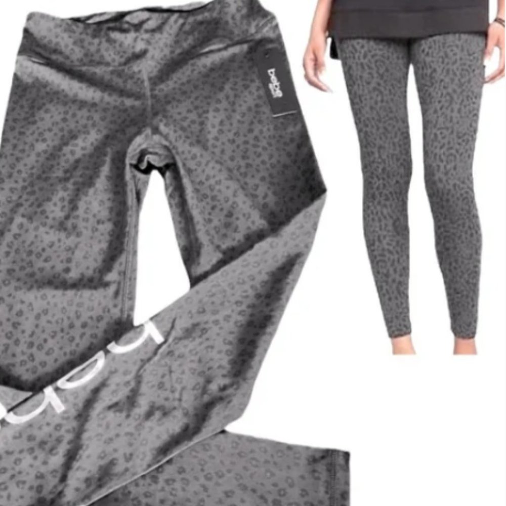 Bebe Sport Silver Logo Animal Print Leggings Black Leopard Size L